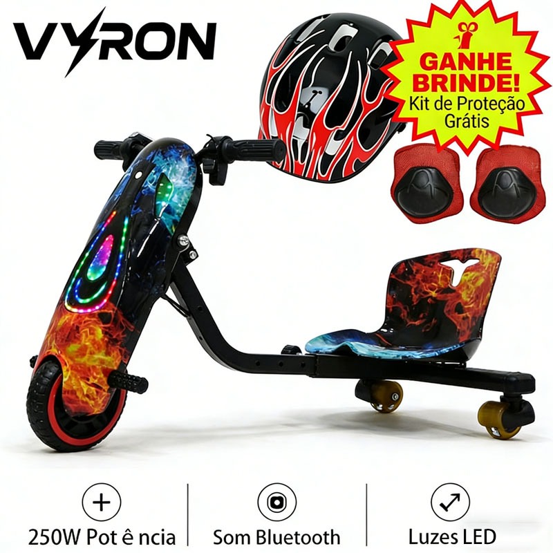 Triciclo Elétrico Infantil Drift VYRON 250W 8 Pol Scooter com Bluetooth e LED