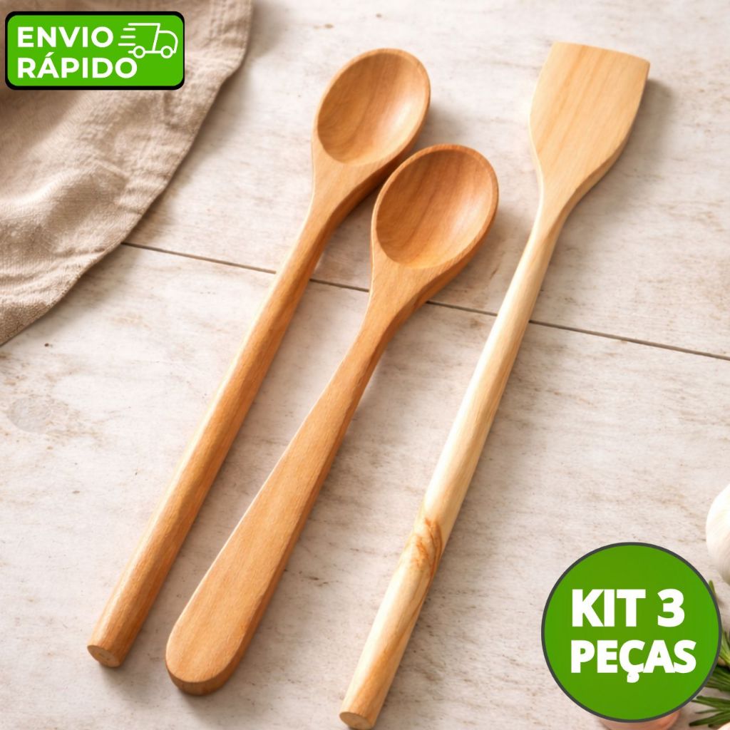 Kit 3 Colher de Pau Cabo Resistente Madeira Maciça Talheres de Cozinha Pegadores