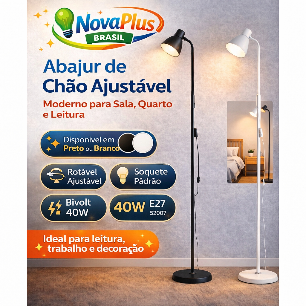 Luminária de Piso Ajustável E27 40W Bivolt – Abajur de Chão Moderno para Sala, Quarto e Leitura com Luz LED Decorativa