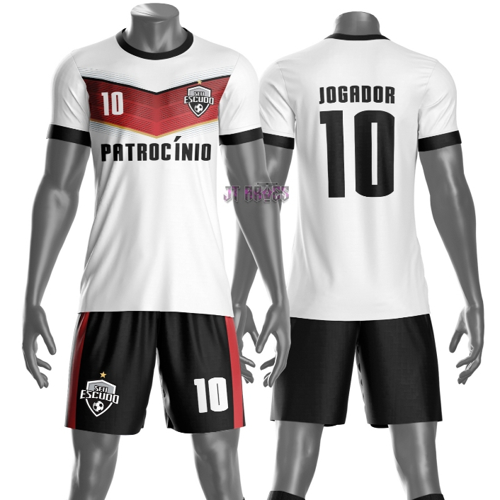 Uniforme jogador futebol amador esportivo camiseta e calção personalizavél nome número escudo mo 193