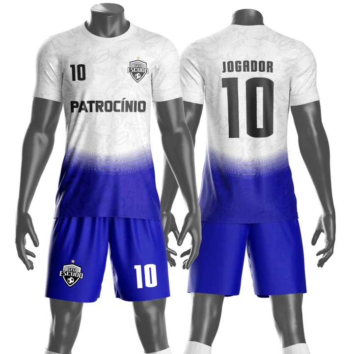 Uniforme jogador futebol amador esportivo camiseta e calção personalizavél nome número escudo mo 216