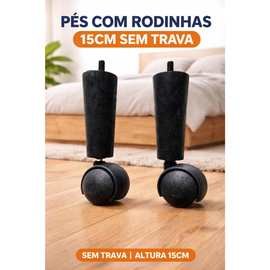 PÉ PARA CAMA BOX BAU SOFAS PUFFS MOVEIS EM MADEIRA COM RODINHAS COM TRAVA 12CM UNVERSAL FORTE.