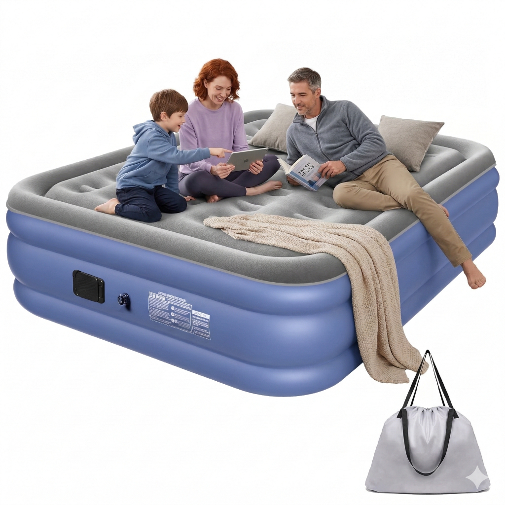 Colchão Inflável Queen Casal com Bomba Elétrica Embutida, 203 x 152 x 41 cm, Bateria de Lítio Removível em Oferta na Shopee