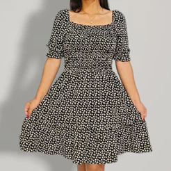 Vestido estampado com lastex floreado com manga princesa