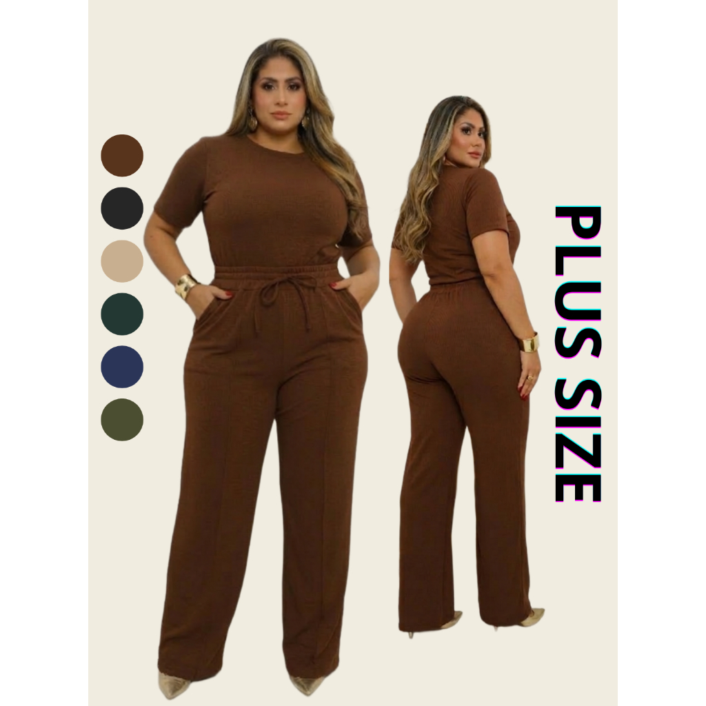 Conjunto Feminino Plus Size Moletinho Blusa e Calça Feminina Pantalona Wide Leg Roupa Feminina Confortável Casual