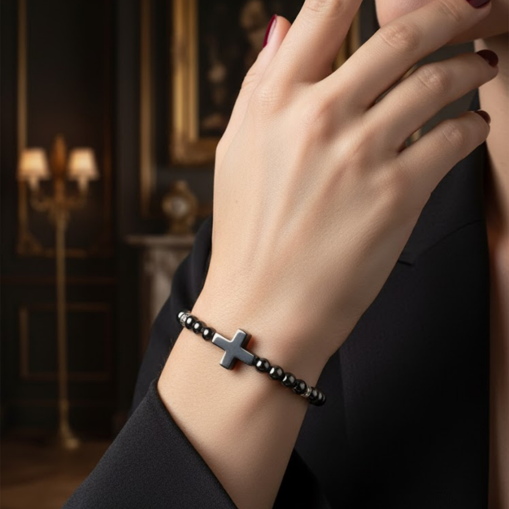 Pulseira Hematita Nossa Senhora Aparecida Medalha e Crucifixo Cravejada