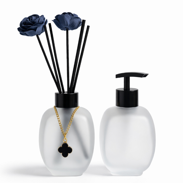 Kit Lavabo Difusor de Aromas + Saboneteira Vidro Fosco 300ml Flor Decorativa Aromatizador Ambiente