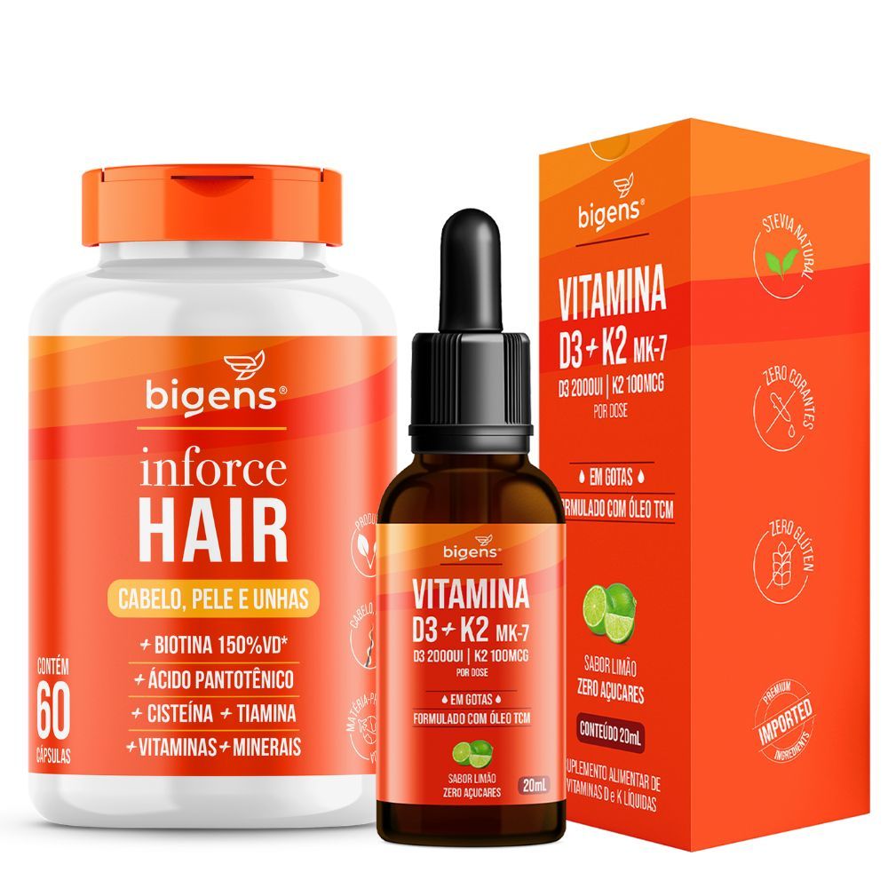 Kit Inforce Hair 60 Caps + Vitamina D3 2000UI K2 MK7 100mcg 20ml (Cabelo, Pele e Unhas) Bigens