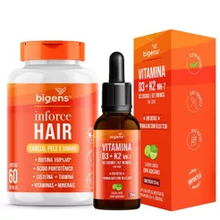Kit Inforce Hair 60 Caps + Vitamina D3 2000UI K2 MK7 100mcg 20ml (Cabelo, Pele e Unhas) Bigens