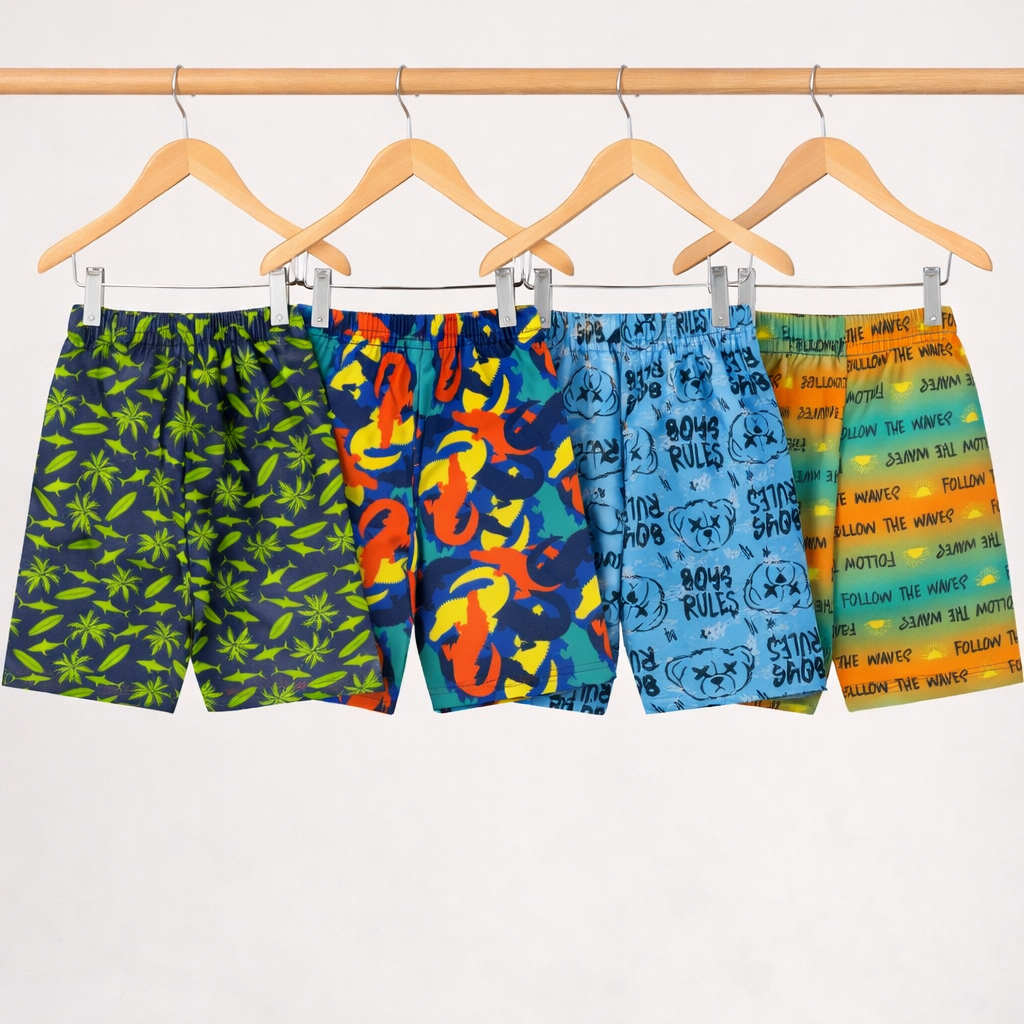 Kit 4 Bermudas Menino Infantil Shorts Estampado Tactel Praia Estampa Sortidas Verão Kids
