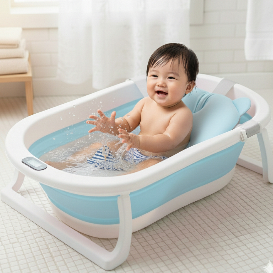 Banheira Infantil Ofurô para Bebês Segura e Compacta + Termômetro Embutido COR AZUL