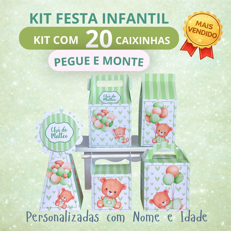 Kit Festa Infantil Ursinho Verde Personalizado Pegue e Monte 20 Caixinhas Lembrancinha Aniversário Infantil