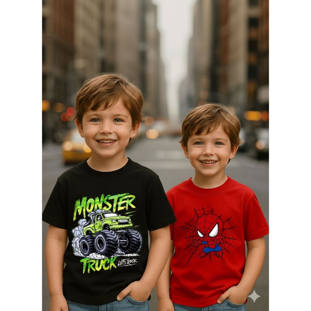 Kit 2 Camisetas Infantis Masculinas Estampadas Algodão Preta e Vermelha Roupa Menino Moda Criança Confortável Casual