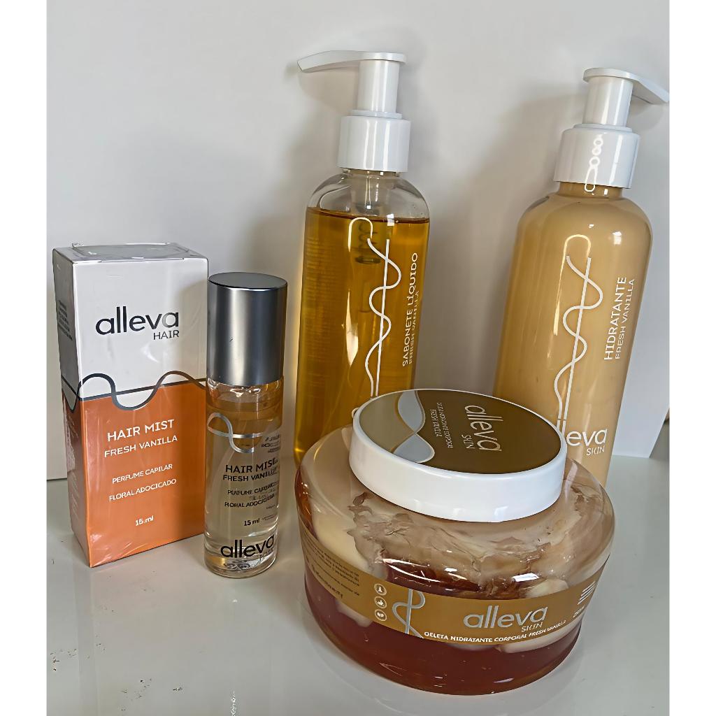 Kit Linha Alleva Vanilla Fresh -Geleia Hidratante + Perfume Capilar + Sab Líquido + Hidratante Corpo