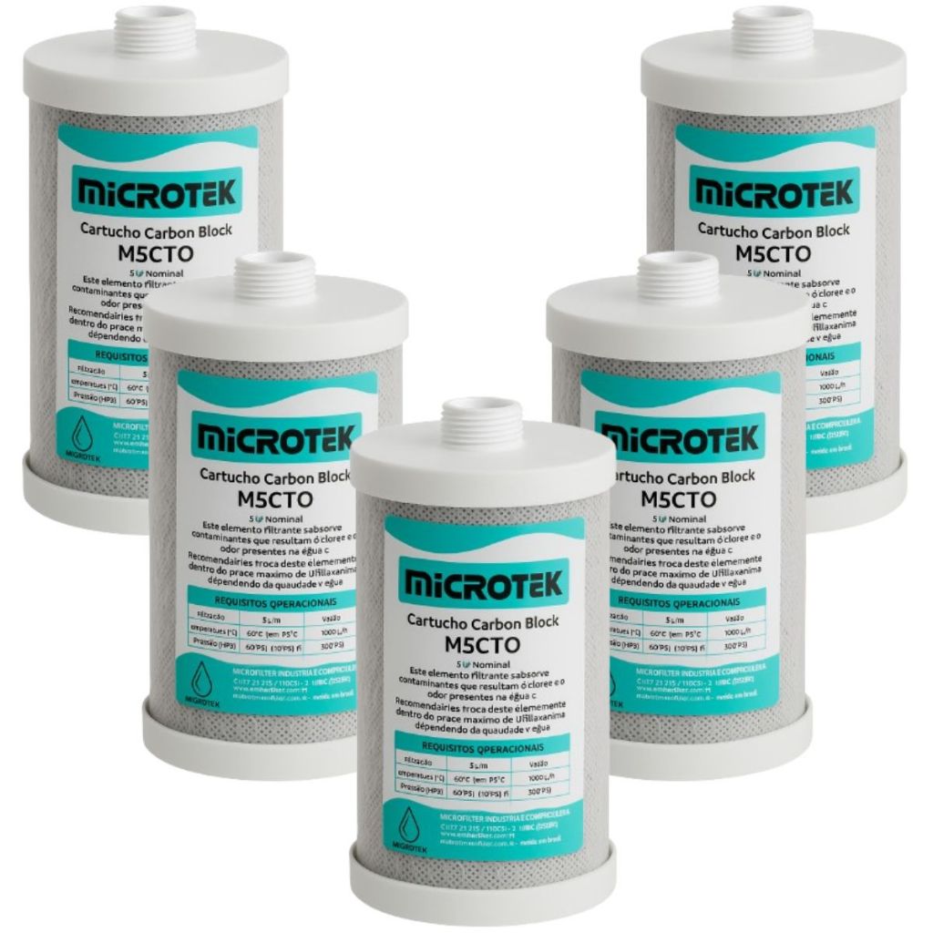Kit 5 Refil Carvão Ativado 5 Polegadas Com Rosca Remove Cloro e Odor da Água