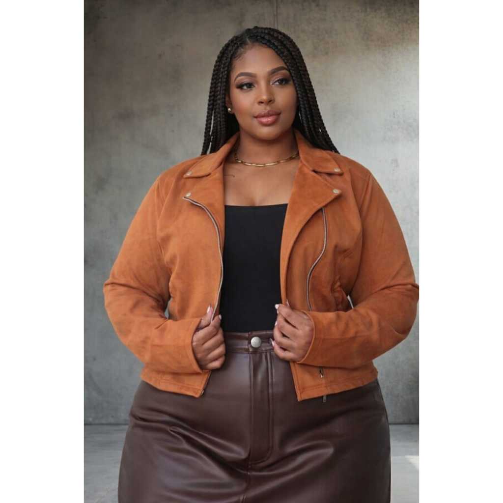 Jaqueta Feminina Suede Plus Size com Zíper – Estilo Casual Elegante Outono/Inverno ✨