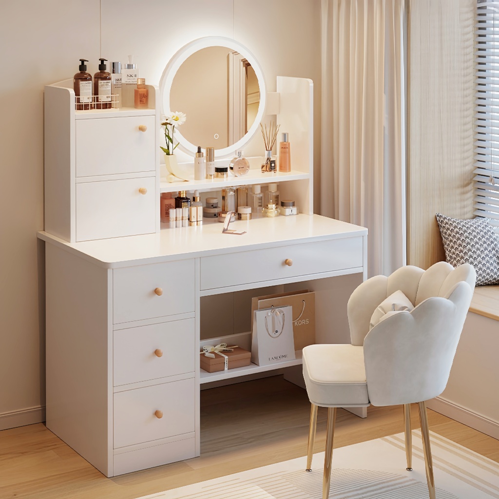 Penteadeira de quarto com 4 gavetas Mesa de maquiagem multifuncional LED branca Yesop em Oferta na Shopee
