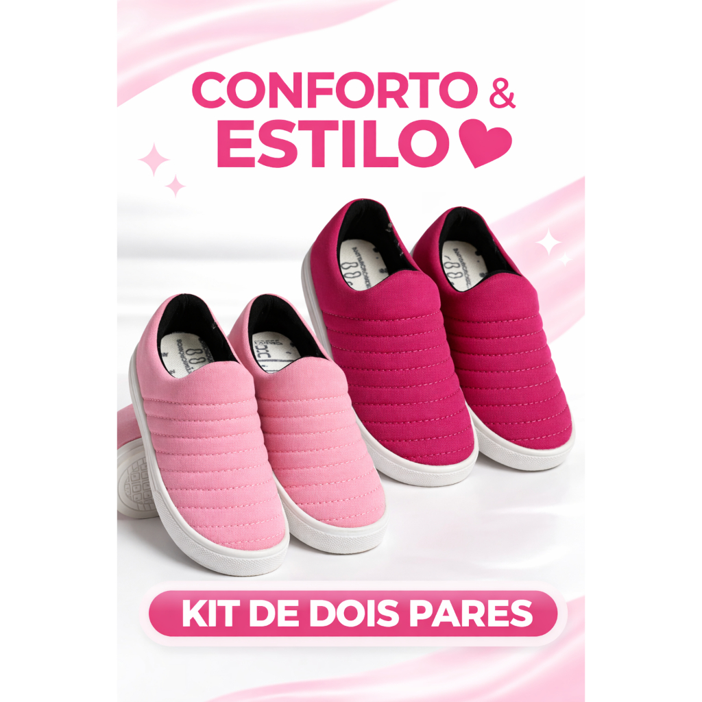 Kit 2 Pares Tênis Calce Fácil Infantil Slip On Conforto Escolar Leve Casual Menina