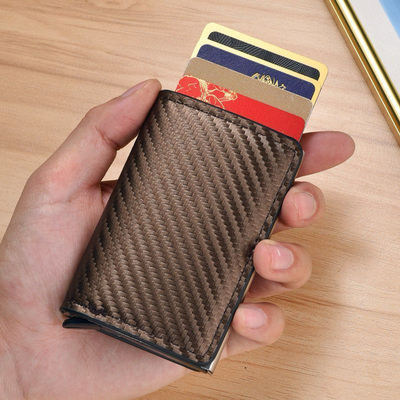 Carteira Slim Automática Fibra de Carbono Com Bloqueio RFID Porta Cartão de Crédito Inteligente Masculina Antifurto Luxo