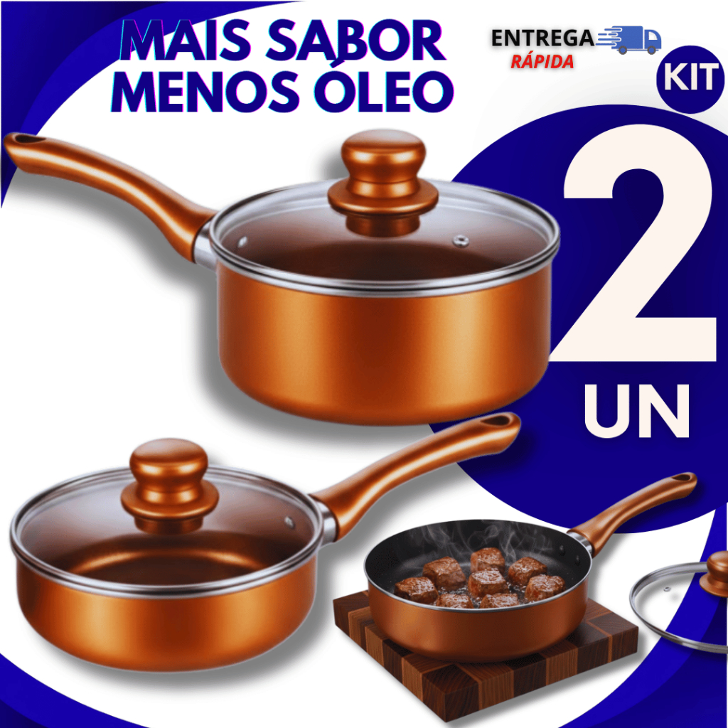 Jogo Panela Antiaderente Tampa de Vidro 16 Cm e 18 Cm Estilo Cobre Panelas Não gruda Utilidades