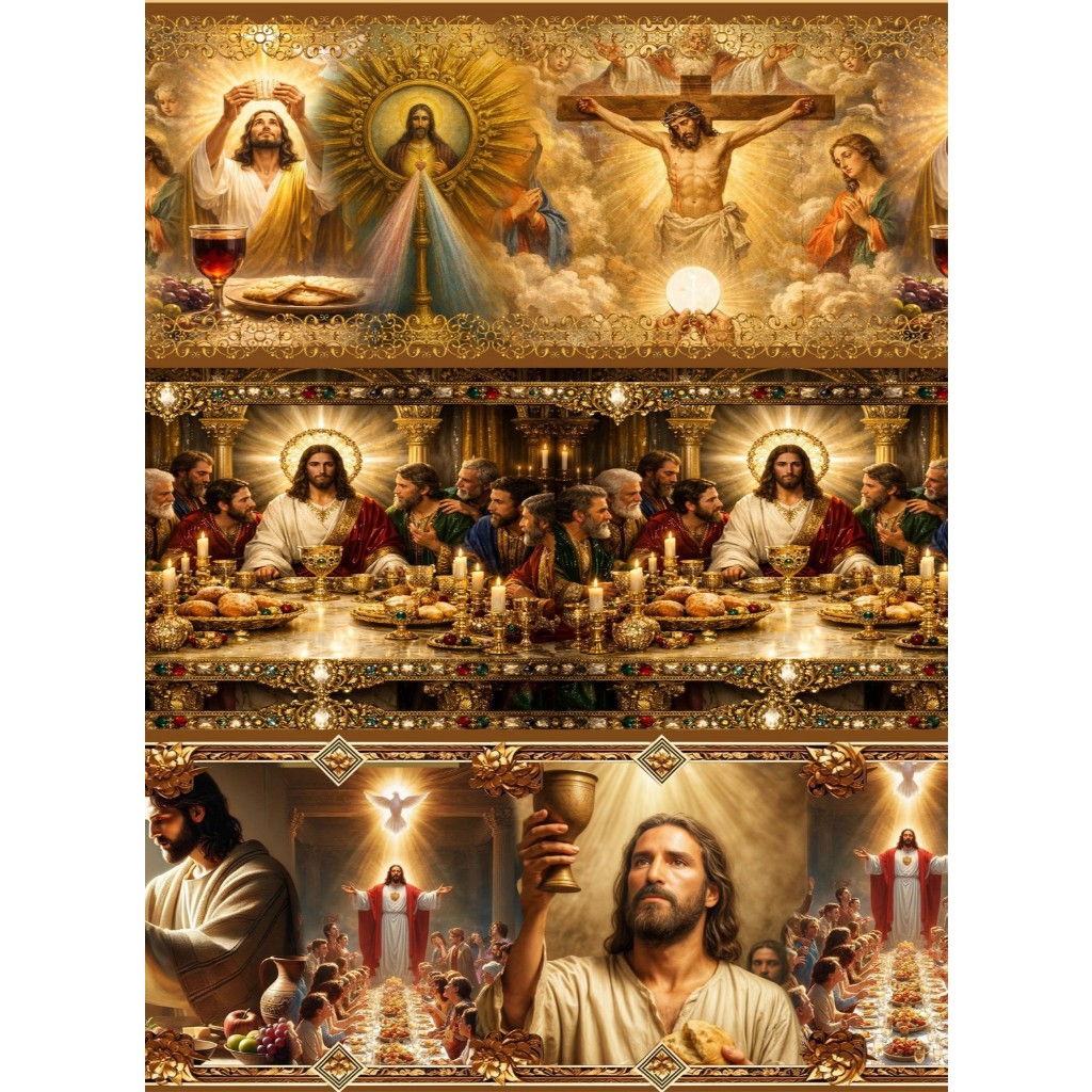 Tecido Tricoline Mista  - Barrado Digital - 10 Faixas - 0,50 cm x  1,45 largura -  Religioso - JESUS - NOSSA SENHORA