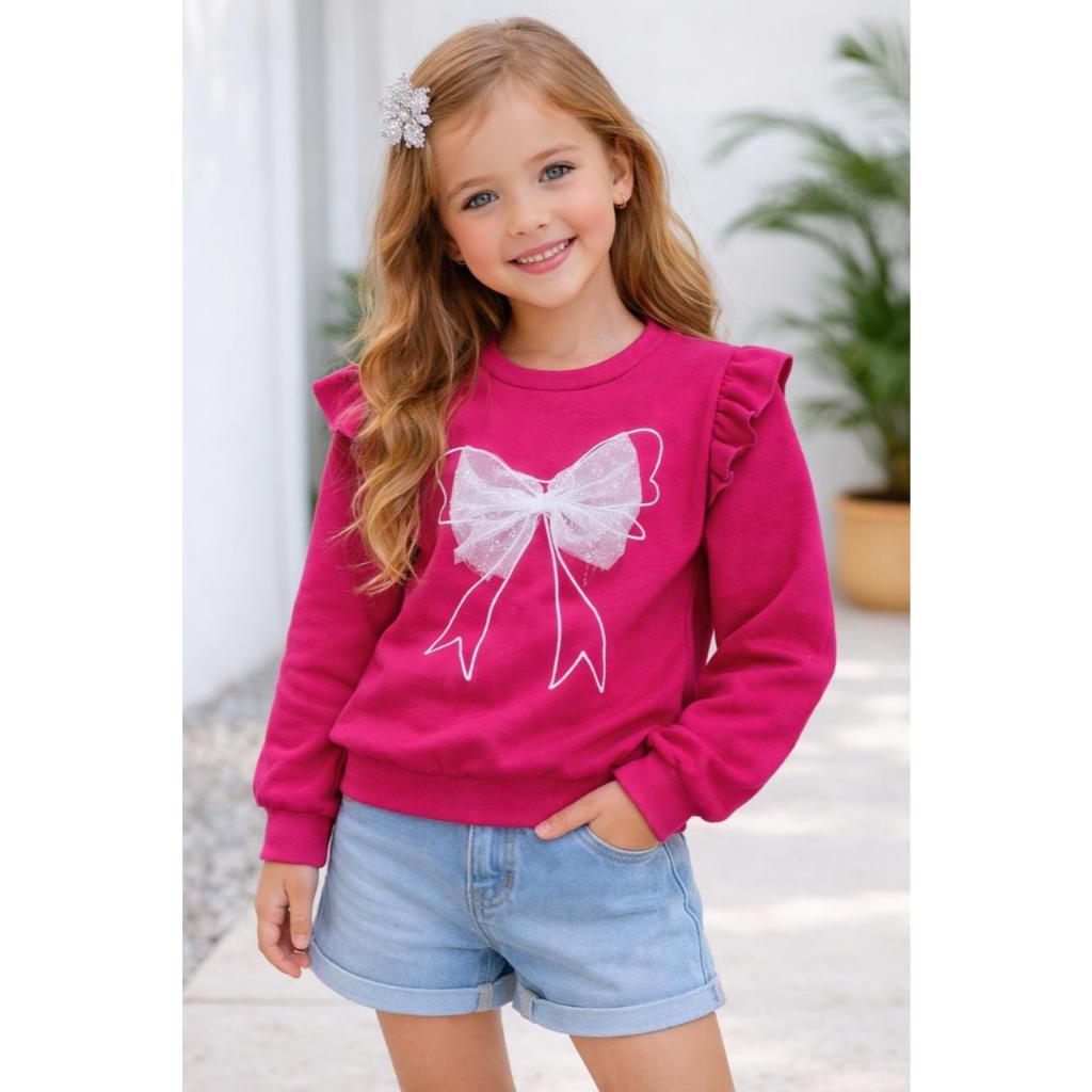 Moletom Infantil Blusa Laço  Manga Longa Desenho Infância  laço  Tule  Kids Blusa Flanelado