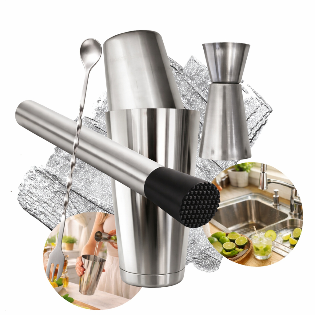 Kit Barman 4 peças inox -  Coqueteleira Boston 750 ml Socador Dosador Colher Profissional Drink bar