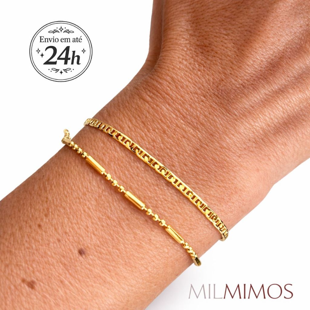 Kit 2 Pulseiras Femininas Douradas + Mix de Pulseiras | Presente Dia das Mães | Elegantes + Caixa