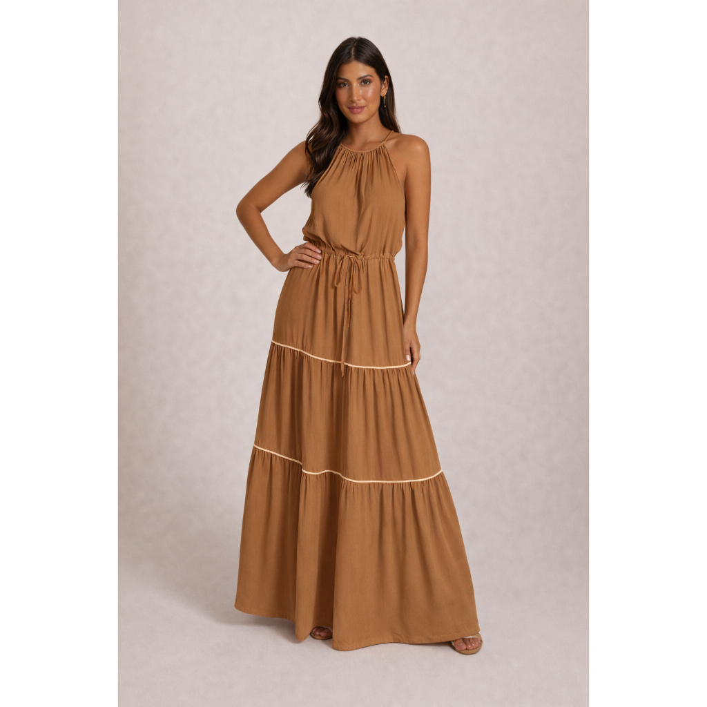 Vestido Longo Com Babados Detalhe Contrastante em Oferta na Shopee