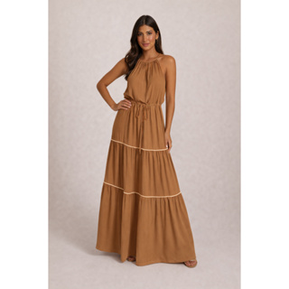 Vestido Longo Com Babados Detalhe Contrastante em Oferta na Shopee