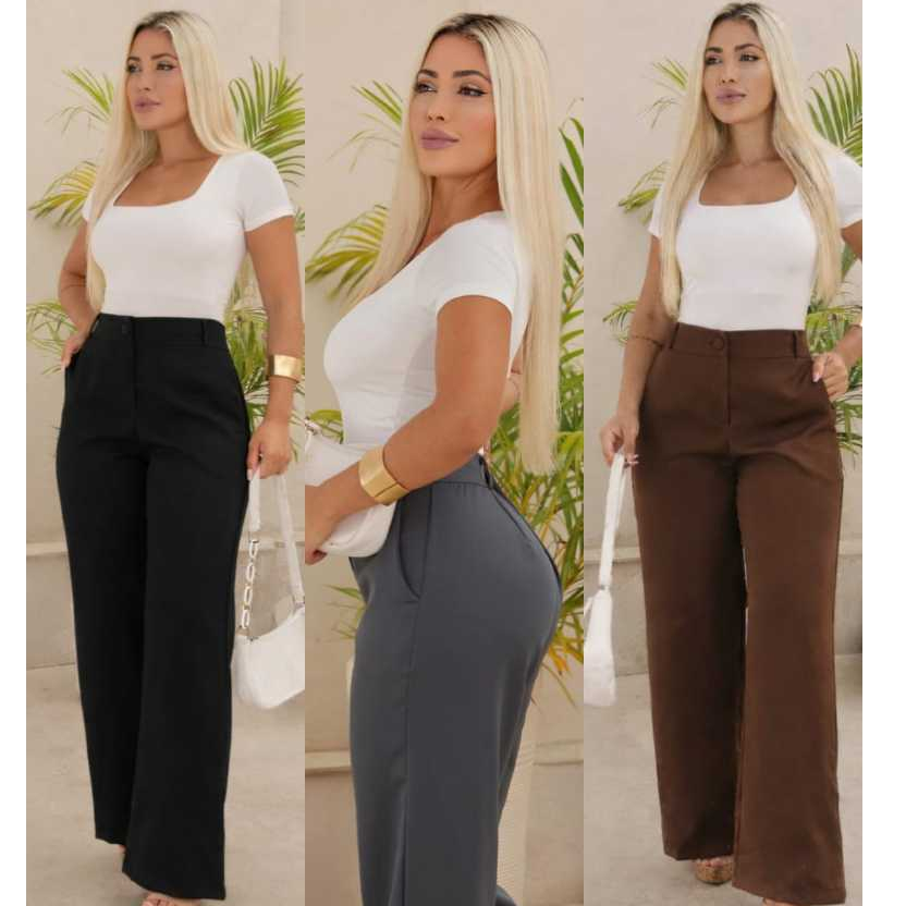 Calça Pantalona Feminina Alfaiataria Premium Cintura Alta com Bolso Tendência 2026 Promoção