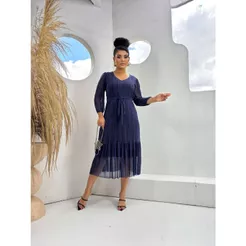 vestido midi de tule lurex feminina decote V poa Evangelica manga 3/4 bufante