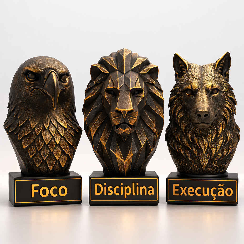 Kit Mentalidade Foco Disciplina Execução | Esculturas Leão Águia Lobo Luxo Preto Dourado Decoração Escritório