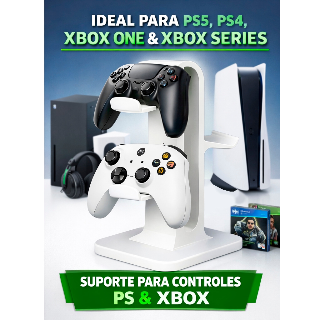 Suporte para 2 controles Playstation 4 - 5, Xbox e suporte para 1 fone de ouvido