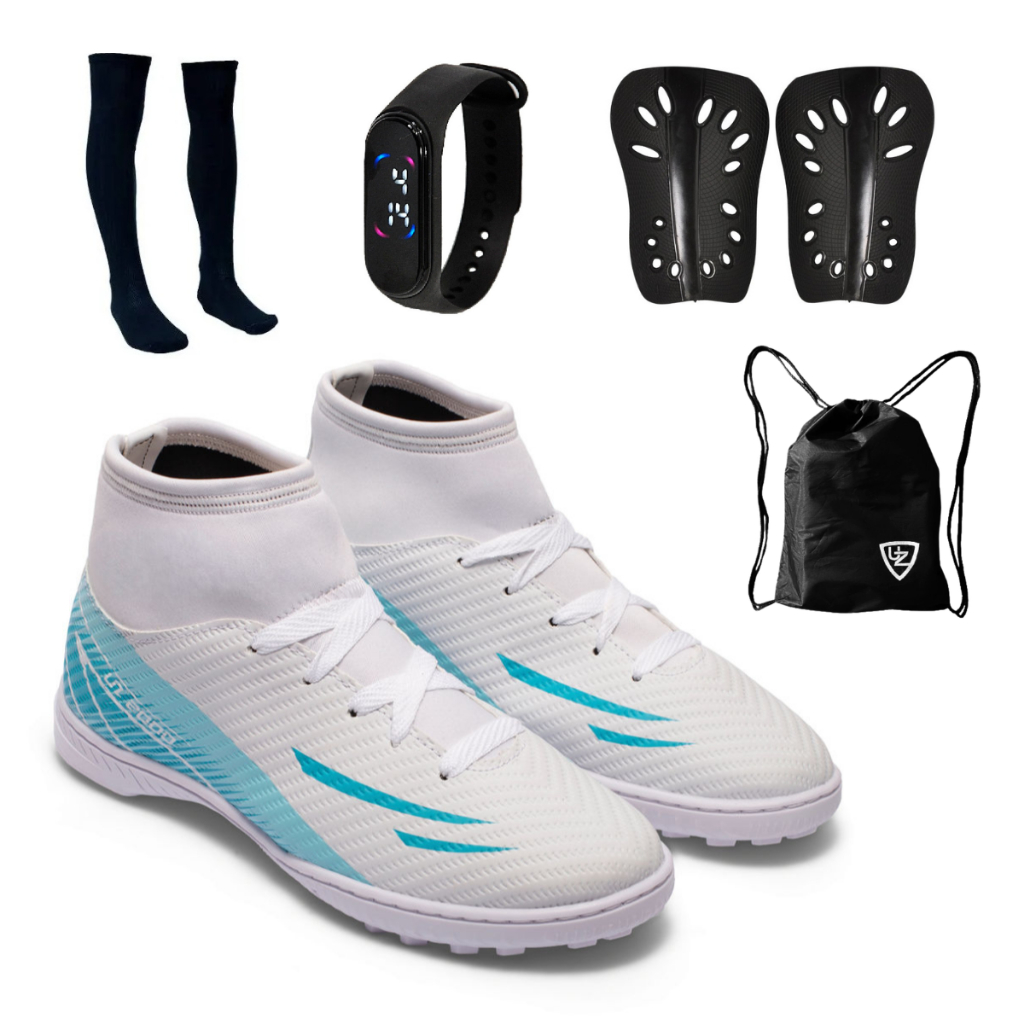 Chuteira Society UZ 2000 Botinha Cano Alto Uzze Sport Adulto - Meião Relógio Caneleira Mochila