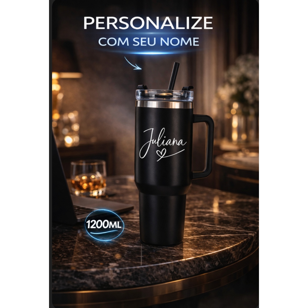 Copo Térmico Personalizado 1200ml Inox com Nome Garrafa Térmica 1.2L com Alça e Canudo Antivazamento