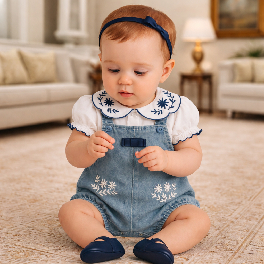 Macacão de bebê -Jardineira Jeans com Bordado de flor + Blusa – Brokinha | Bebê Menina | 2 Peças REF 4469 em Oferta na Shopee