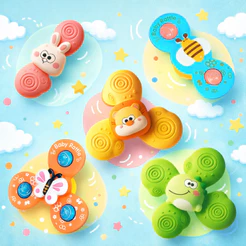 Kit 5 Brinquedo Infantil Chocalho Giratório Spinner Com Ventosa Brinquedos para bebê Banho