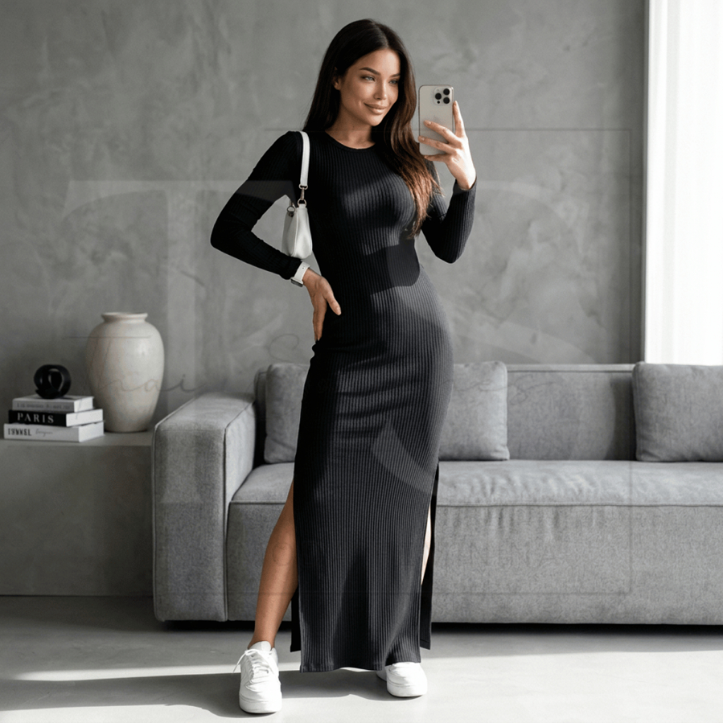 Vestido Feminino Longo Canelado Manga Longa com Fenda Lateral Moda Inverno Elegante