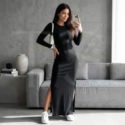 Vestido Feminino Longo Canelado Manga Longa com Fenda Lateral Moda Inverno Elegante