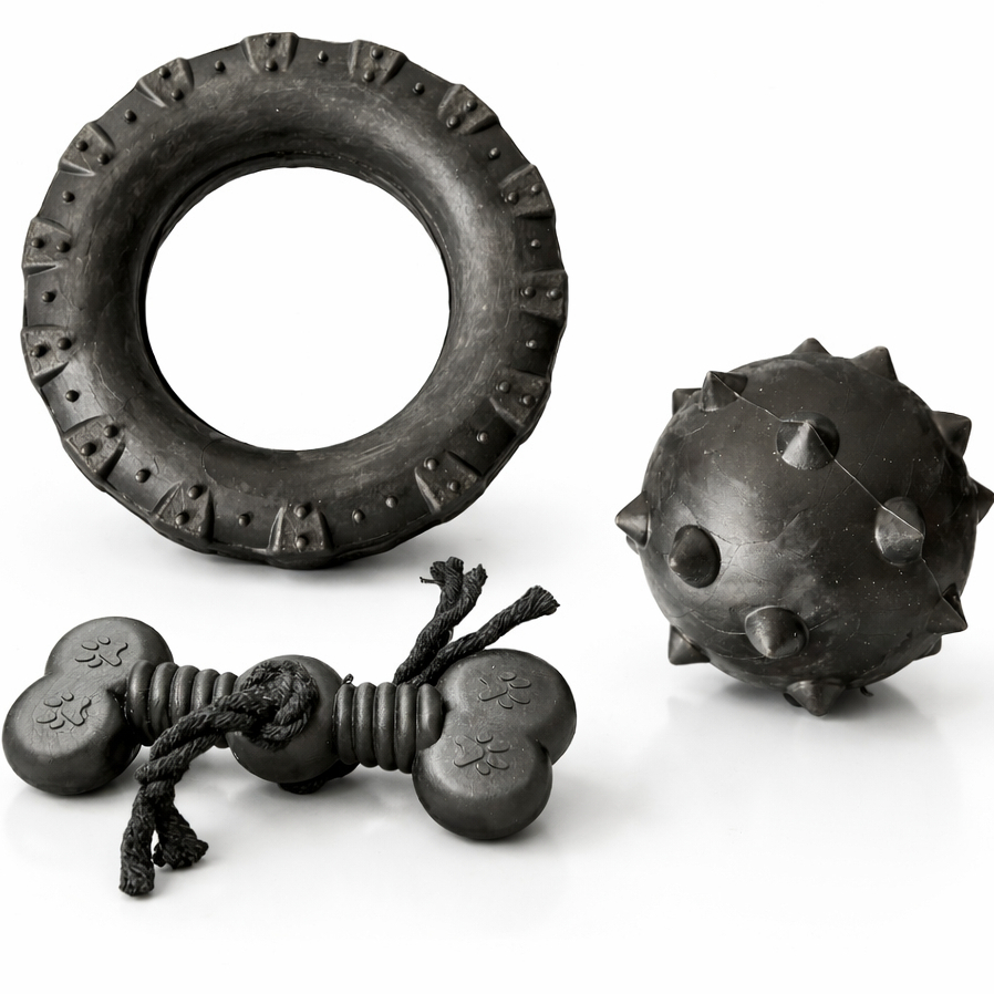 Kit Brinquedo Mordedor para Cachorro Pneu G + Bola Cravo Maciça 75mm + Osso Grande Black com Corda
