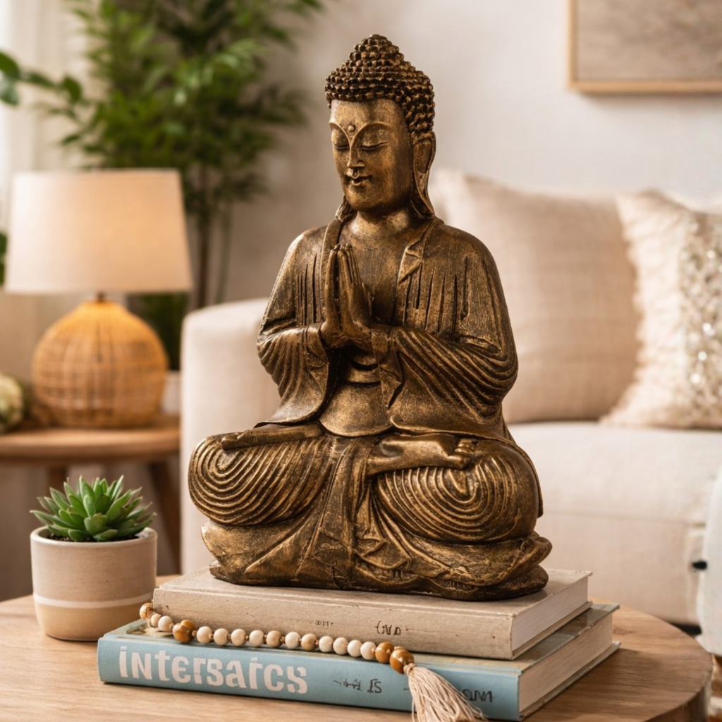 Imagem Estátua Buda Decorativa Grande 40cm Resina Envelhecida Zen Feng Shui Meditação Sala Decoração Espiritual