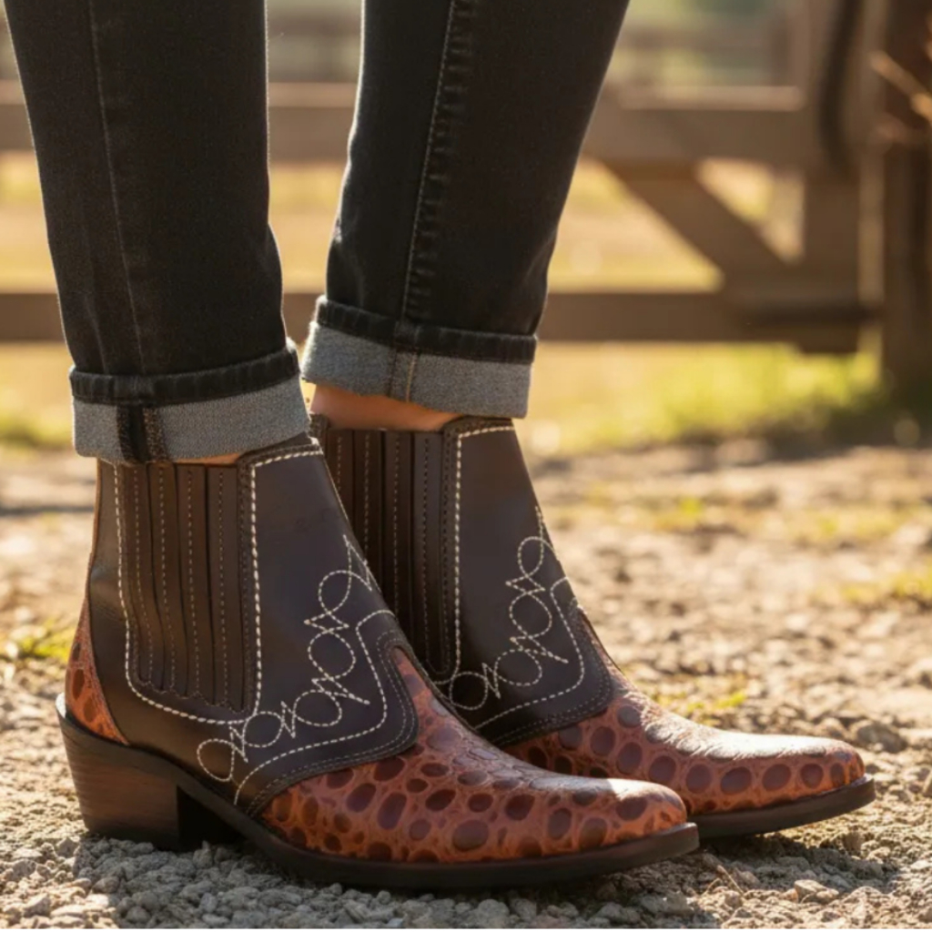 Bota Country Feminina Estilo Montaria Cavalgada Vaquejada Botina Couro Solado Borracha Costurad 3736