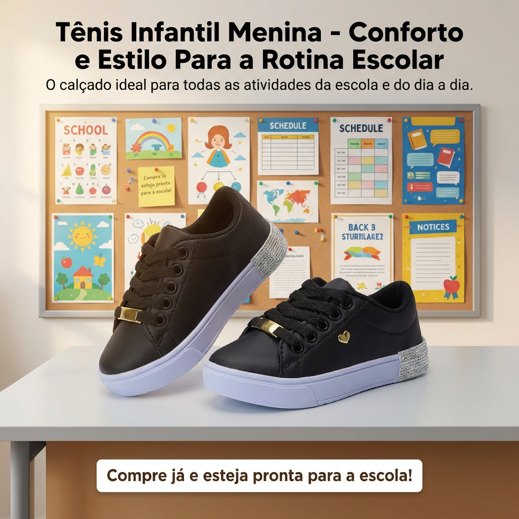 Tênis De Menina Preto Coração Dourado | Leve e Confortável Com Solado Gliter 25 ao 36| COMPRE AGORA! em Oferta na Shopee