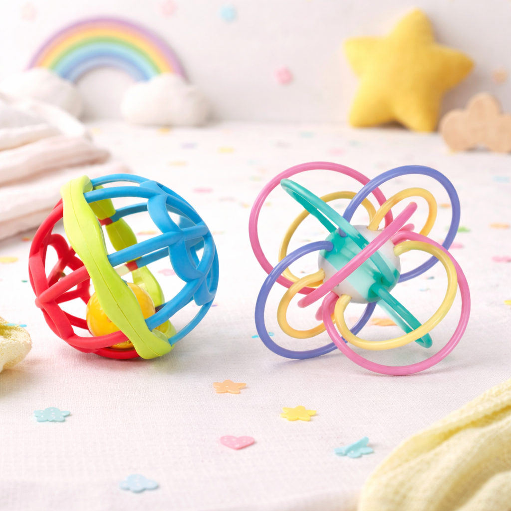 Kit 2 Bolinhas Chocalho Mordedor Silicone Infantil Brinquedo Para Bebes Dentição Ocupações Sensorial em Oferta na Shopee