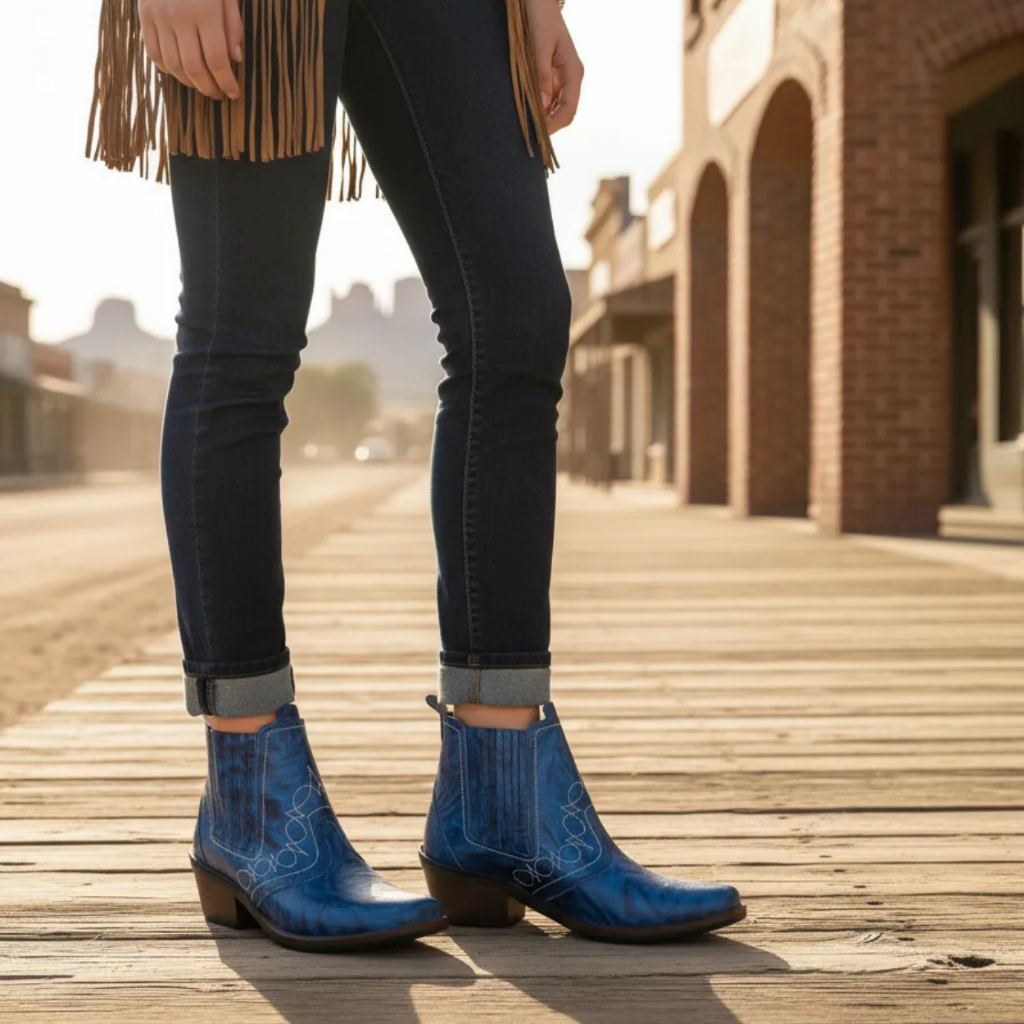 Bota Country Feminina Azul Botina Leve Macia Confortavel Estilo Montaria Cavalgada Rodeio Sertanejo Botinha Couro 3736