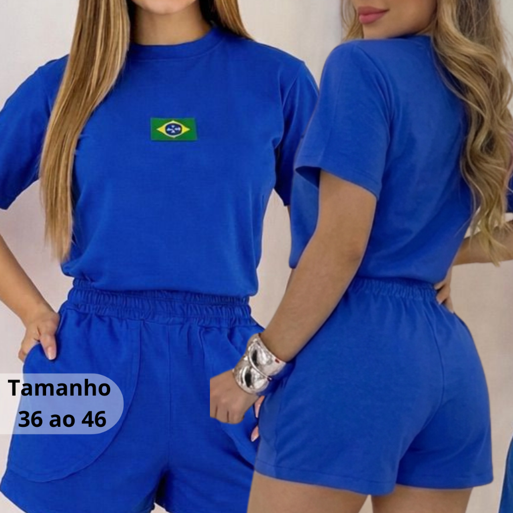 Conjunto Feminino Brasil 100% Algodão Com Bolso Silk Premium Confortável Estiloso