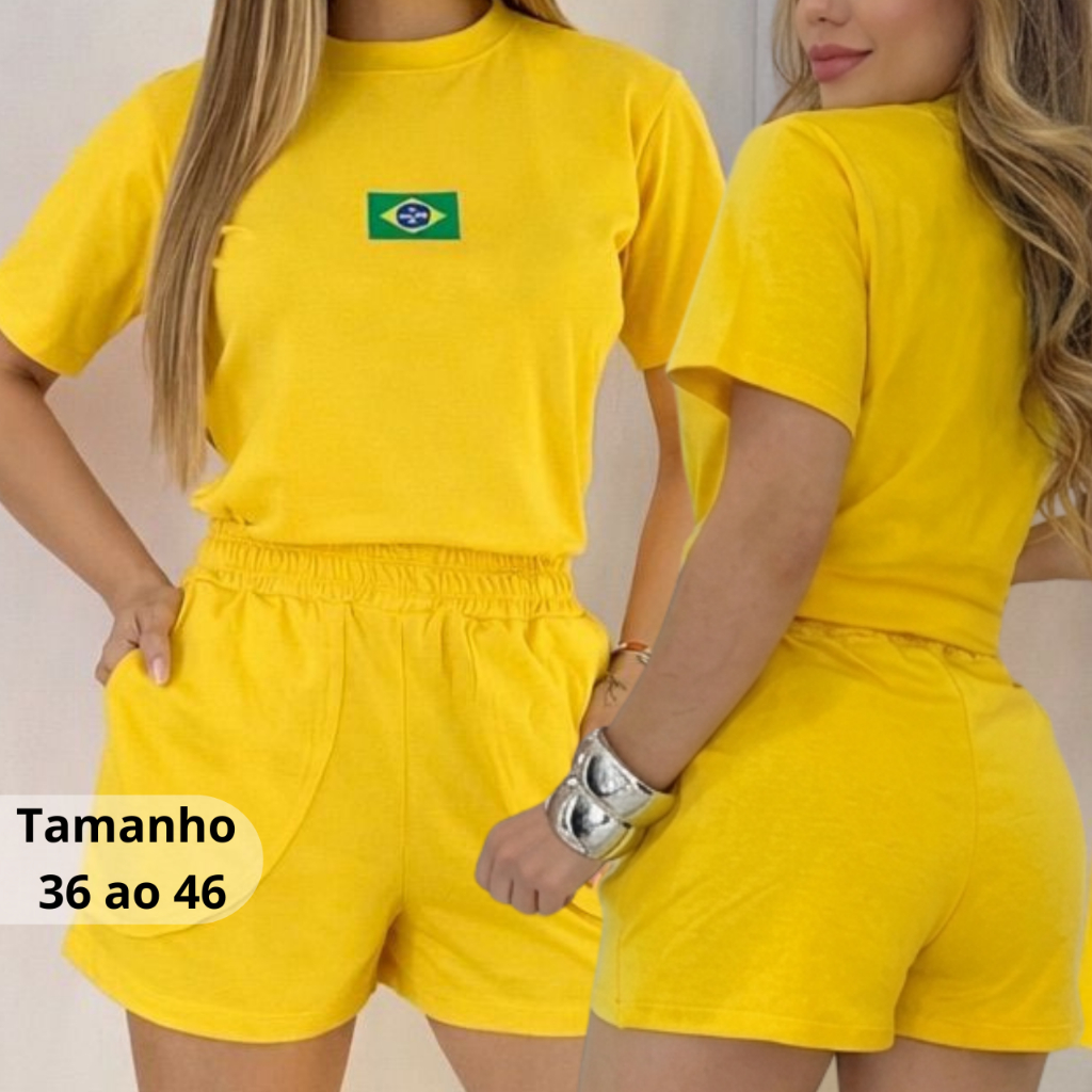 Conjunto Feminino Brasil 100% Algodão Com Bolso Silk Premium Confortável Estiloso