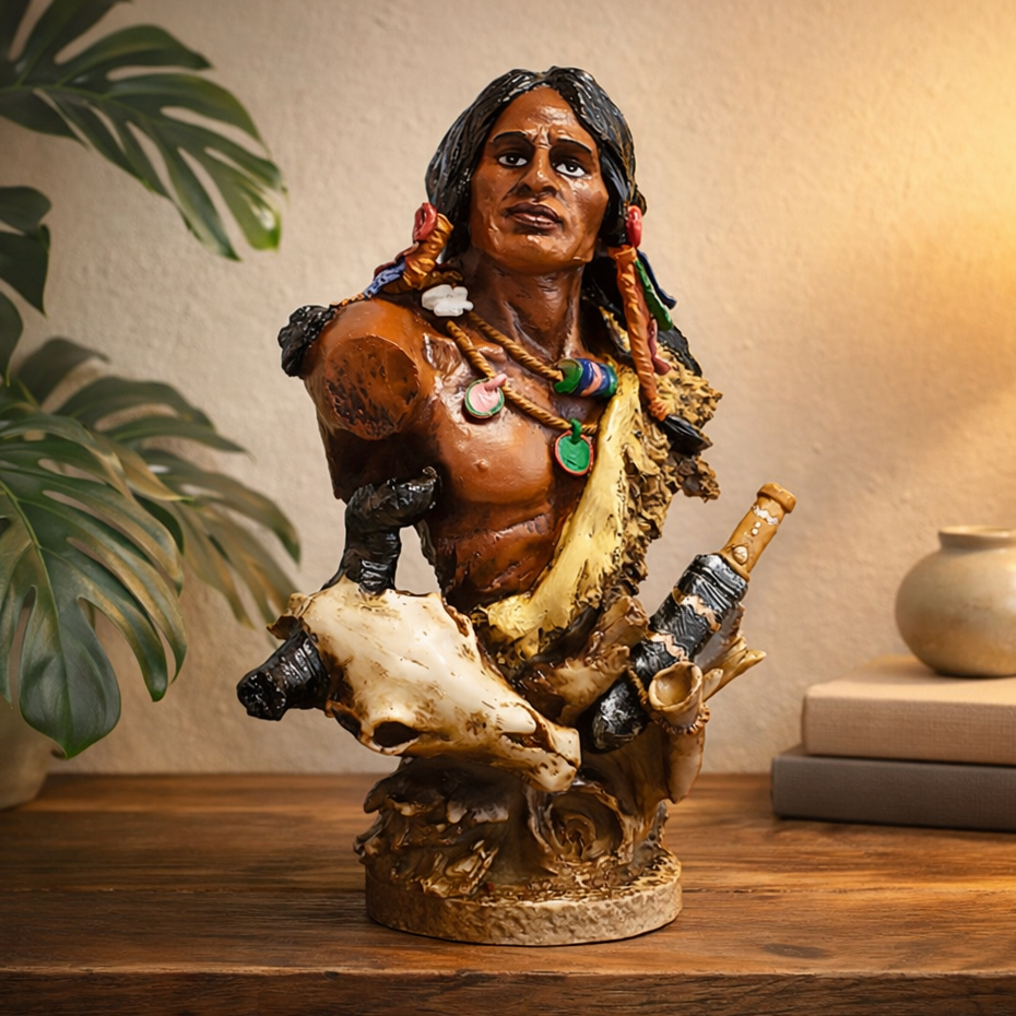 Estátua Índio Decorativa Em Resina Busto Indígena Rústico Escultura Tribal Artesanal Decoração Sala Escritório