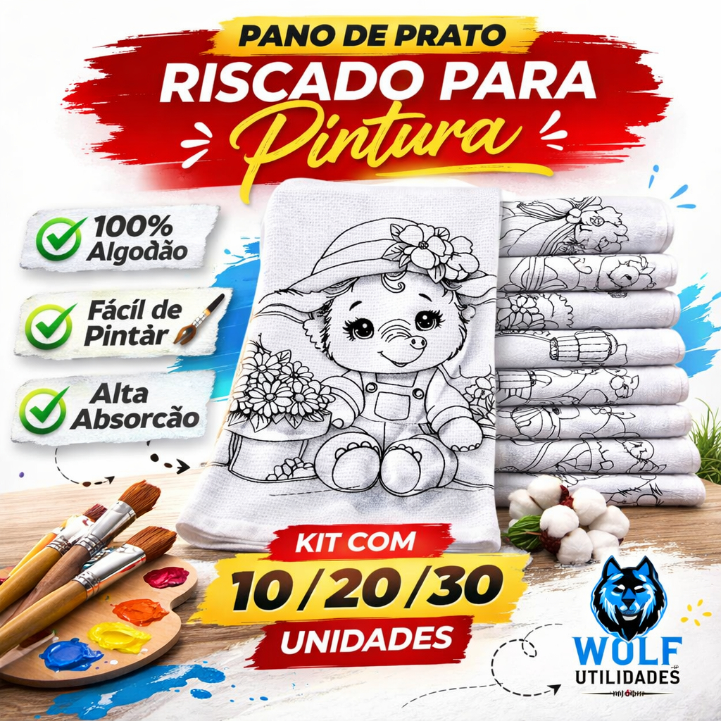 Pano de Prato Riscado Para Pintura 100% Algodão Kit 10 20 30 Unidades Para Artesanato em Oferta na Shopee